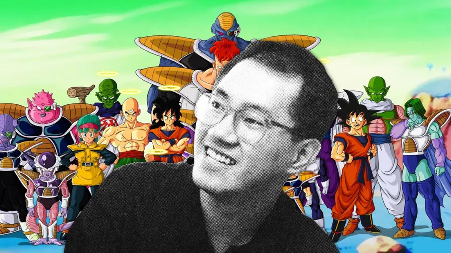 akira toriyama photo imposed on illustration of cast of characters from dragon ball z