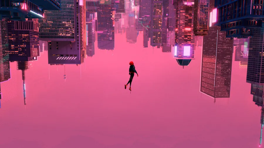 falling-spiderman-in-pink-aesthetic-bigdawg on wallpapers.com spider man into the spider-verse miles morales spider-man falling gracefully toward city scape against pink sky animated movie