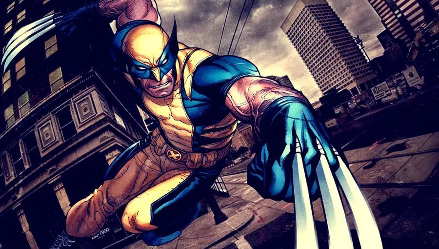 wolverine comic book character in yellow and black suit with claws extended in city