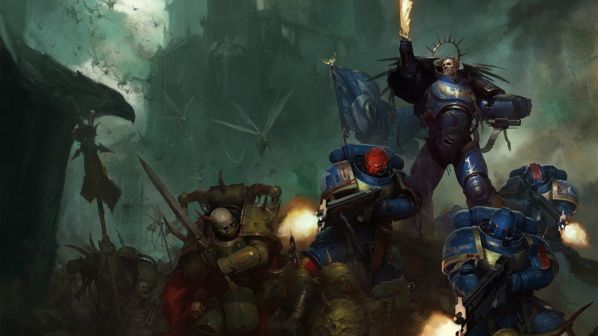 warhammer 40k illustrated battle scene human ultramarines in battle