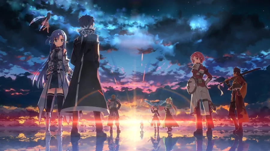 sword art online anime characters standing in sunset