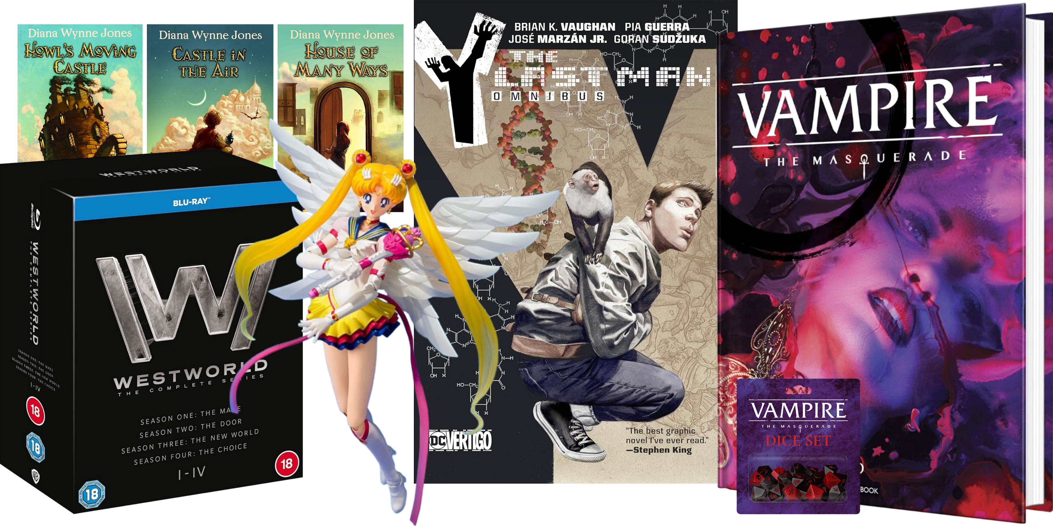 product images sailor moon figuart from bandai, vampire the masquerade tabletop role playing game core rulebook 5th edition, y the last omnibus by brian k vaughan and pia guerra, westworld boxset seasons 1 to 4, howl's moving castle book collection by diana wynne jones