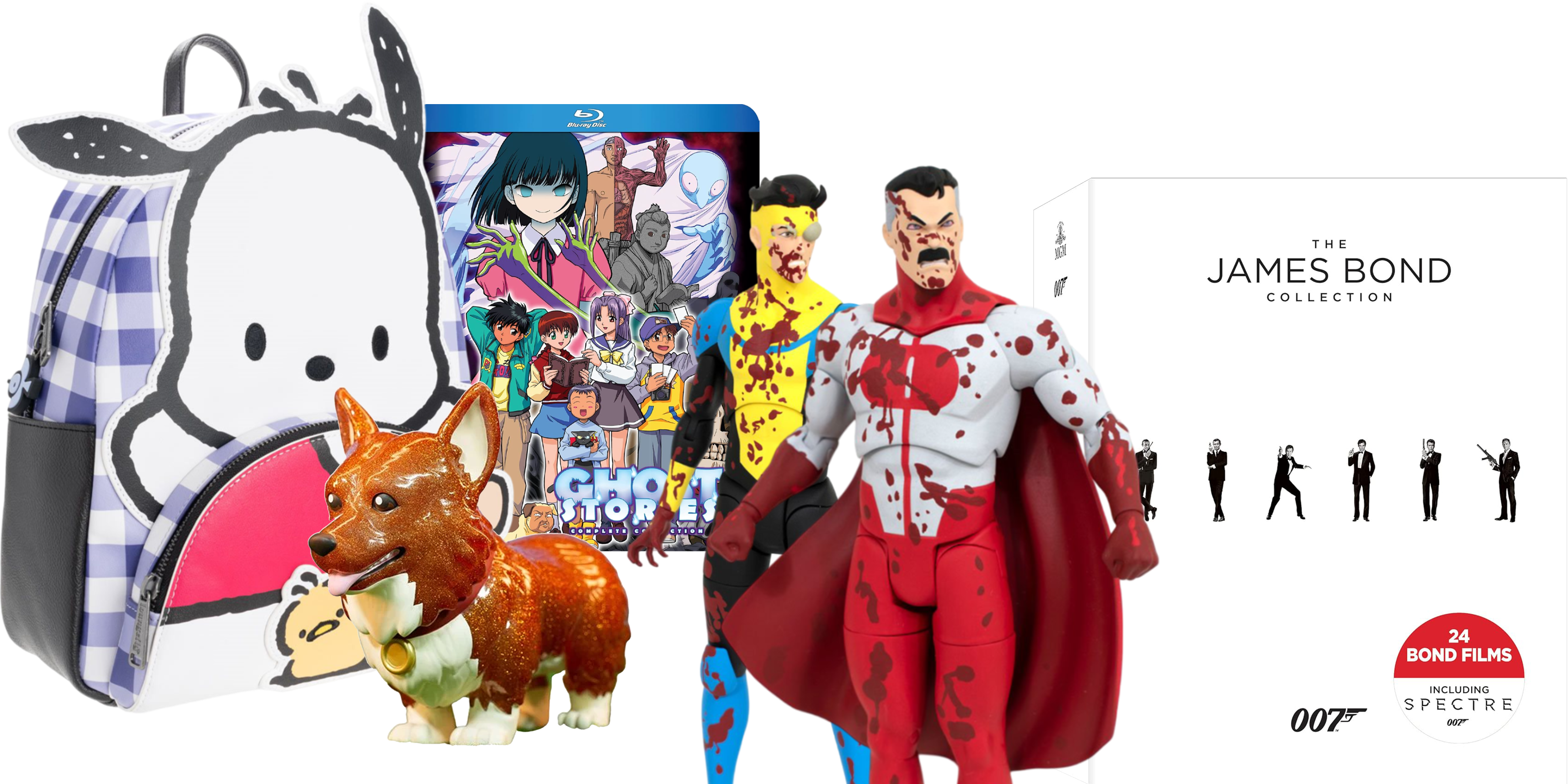 product images of pochacco cosplay mini plaid backpack, ghost stories anime blu-ray, bloody invincible and omni-man action figures, sparkle edition vinyl figure of ein corgi from cowboy bebop, james bond dvd collection 24 movies