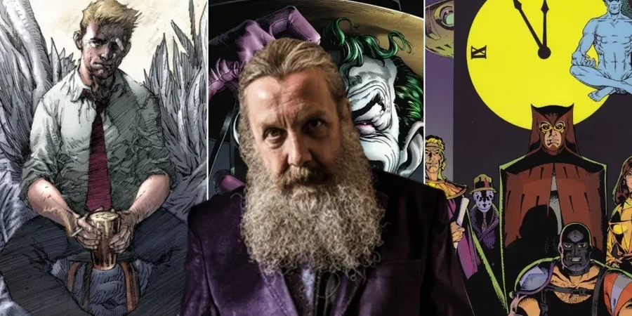 alan moore pictured with some of his works