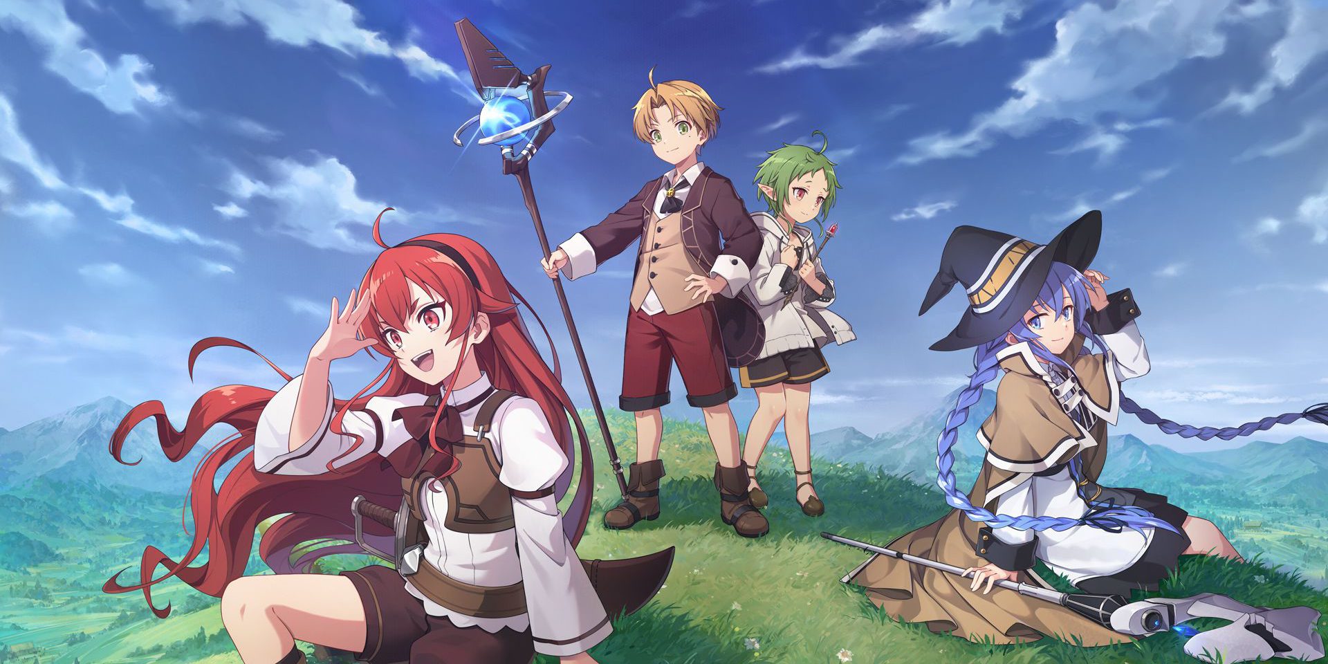 mushoku tensei jobless reincarnation anime four characters on a grassy hill