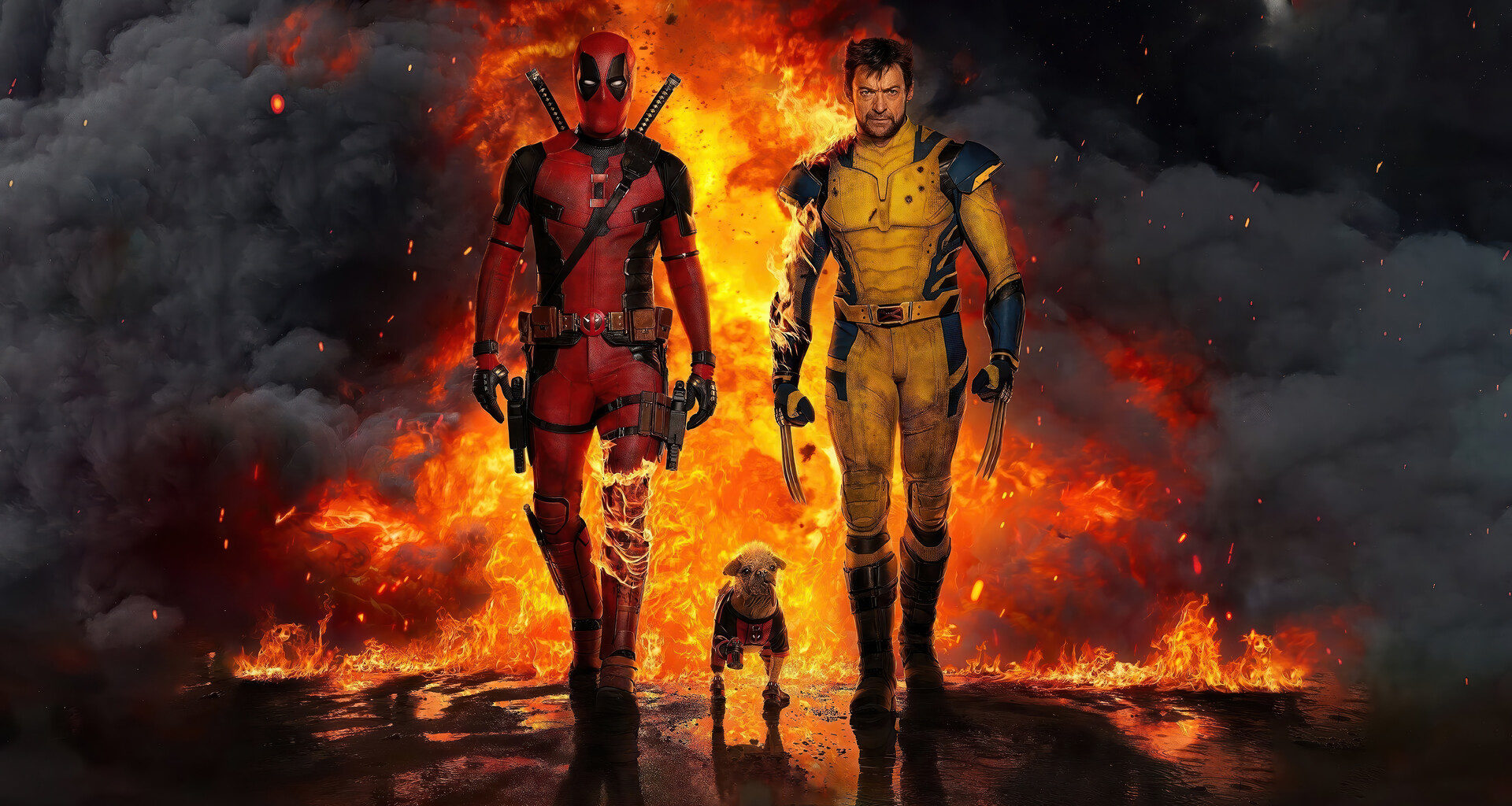 deadpool and wolverine hugh jackman and ryan reynolds with dogpool mary puppins and fire in the background