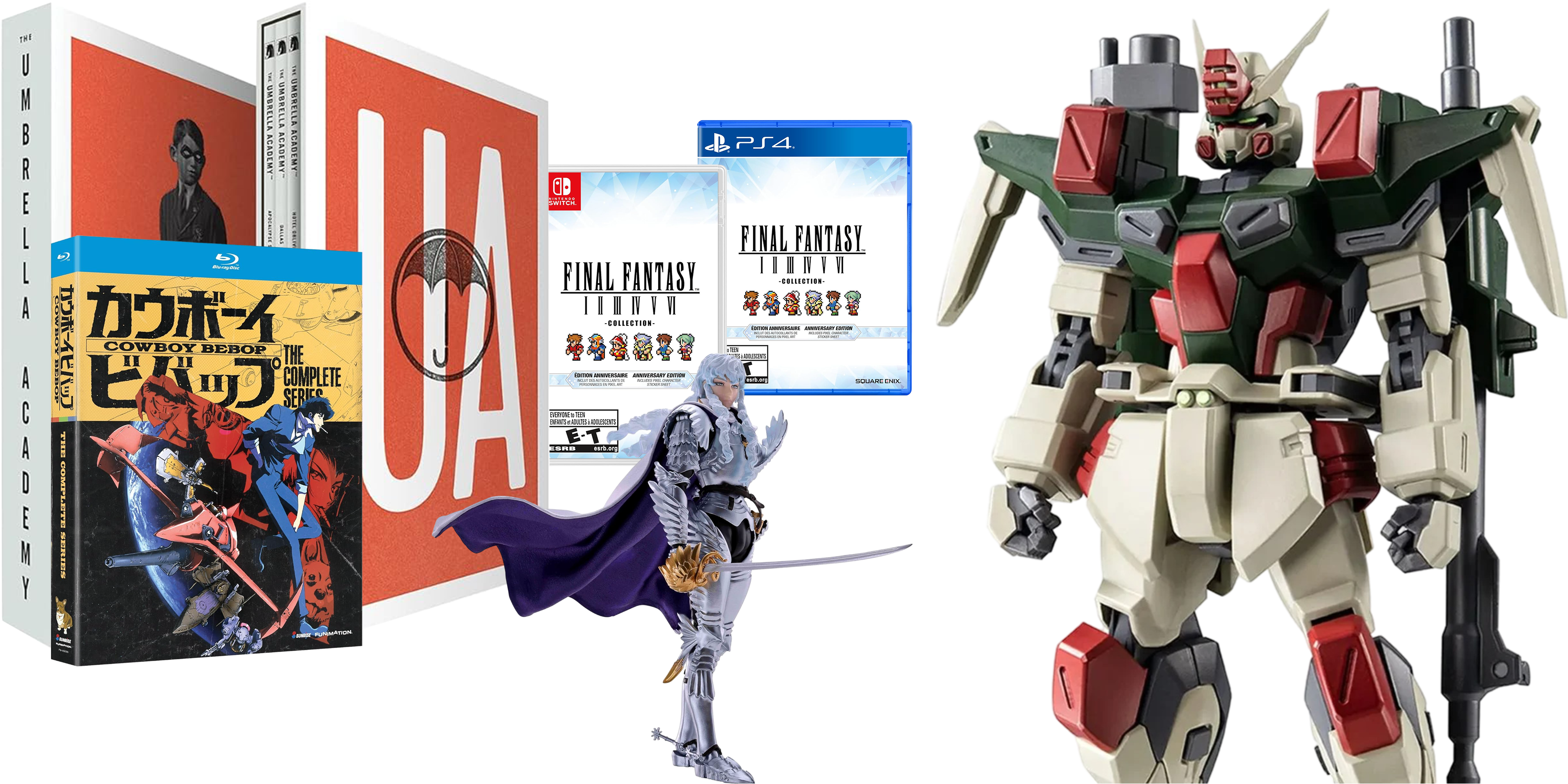 gundam seed action figure cowboy bebop blu ray umbrella academy comic book box set final fantasy i-vi ps4 and nintendo switch griffith hawk of light berserk