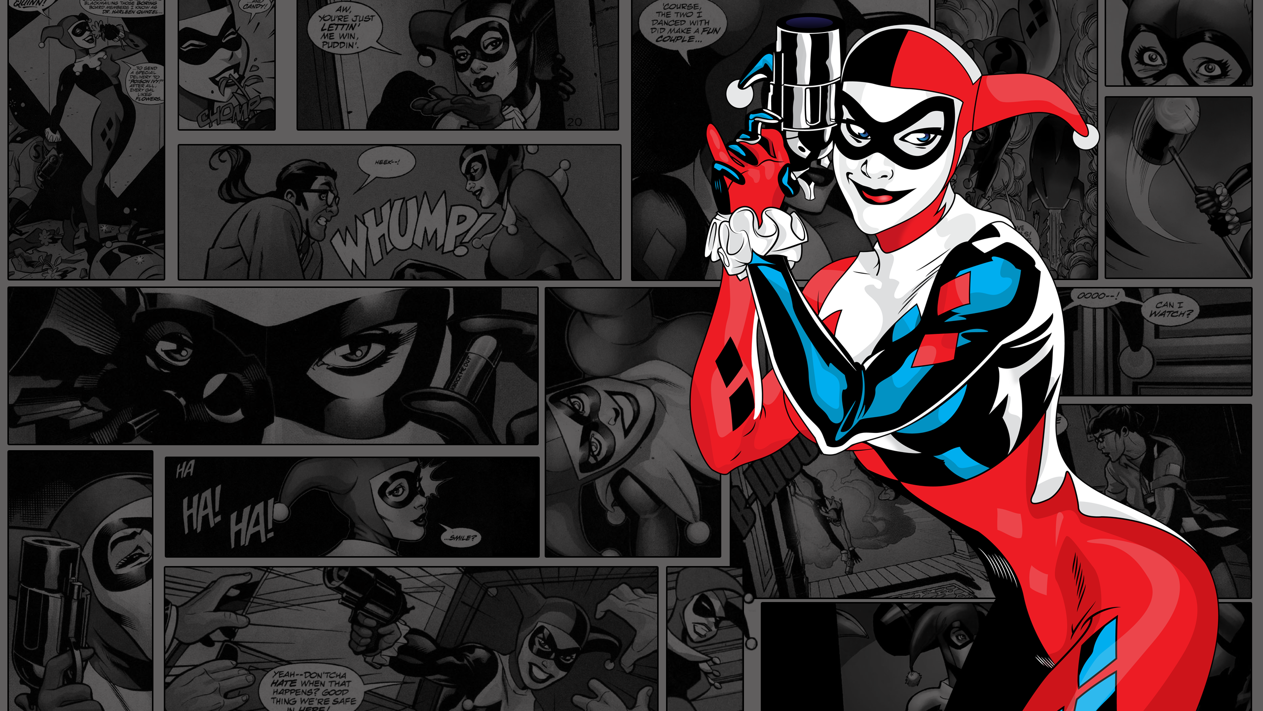 harley quinn image from batman animated series overlying comic images behind