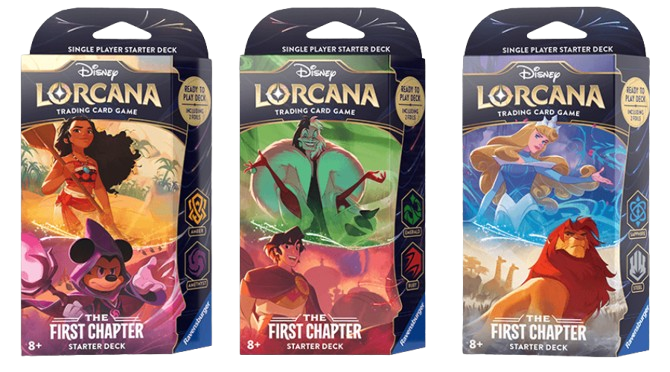 The three First Chapter starter decks: amber/amethyst, emerald/ruby, and sapphire/steel.