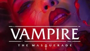 vampire the masquerade title screen, red background with woman's face