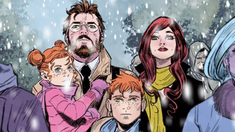 Grown up Peter Parker and his family stand together in a snowy landscape