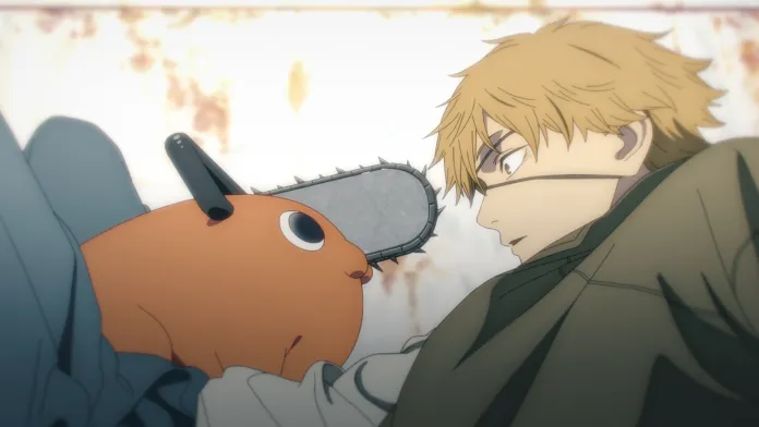 animated dog with chainsaw on head looking at boy
