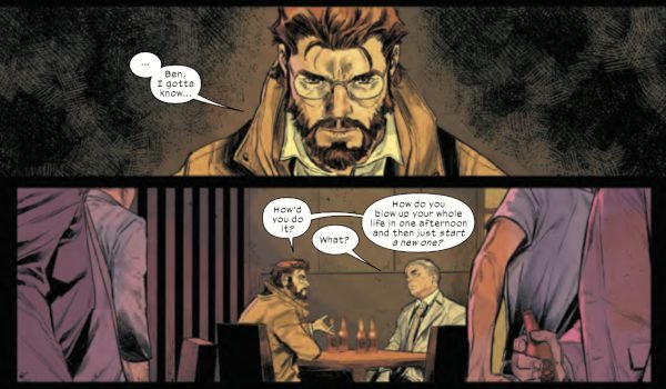A comic strip showing adult Peter Parker engaged in conversation with his uncle Ben, illustrating their interaction through speech bubbles.