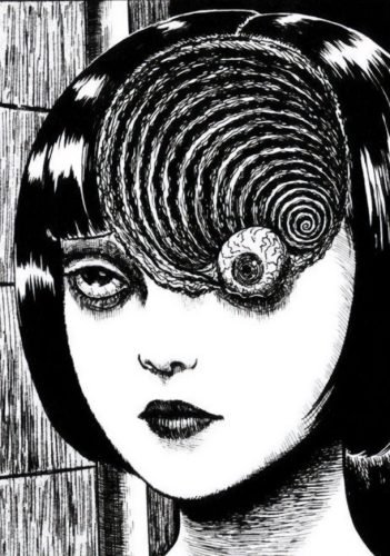 Uzumaki-Junji-Ito-5 woman with spiral on her head consuming her eye uzumaki by junji ito