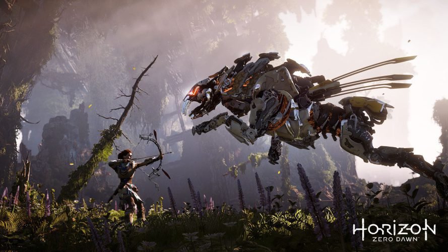 aloy and ravager horizon zero dawn video game aloy with bow fighting ravager