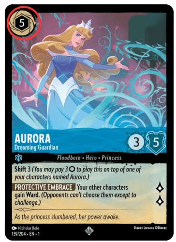 aurora_ink_lorcana-r The gold design around the number in the top left-hand corner indicates that this card can be used for ink.