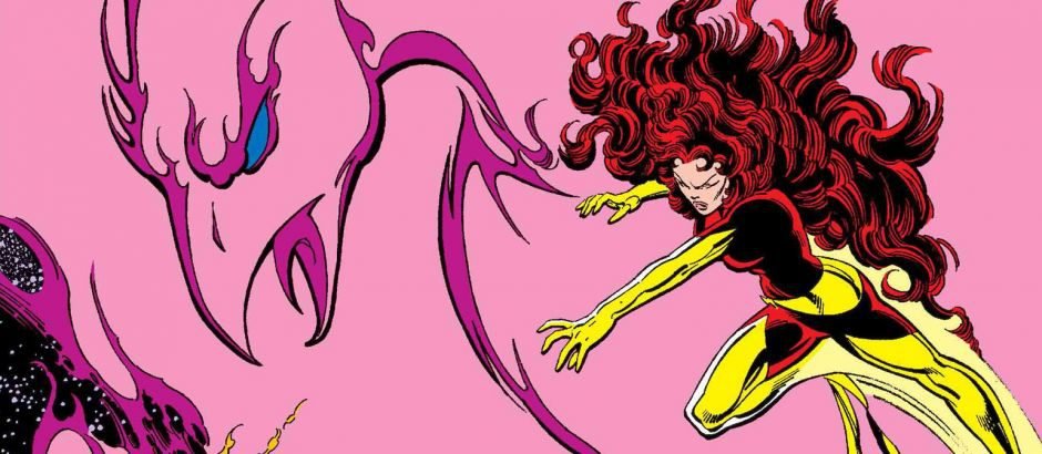 dark phoenix jean grey dark phoenix marvel comics on pink background with shape of phoenix behind