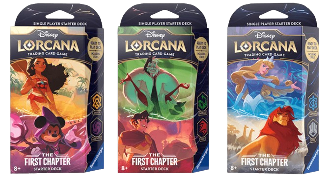 lorcana_starter_decks__ The three First Chapter starter decks: amber/amethyst, emerald/ruby, and sapphire/steel.