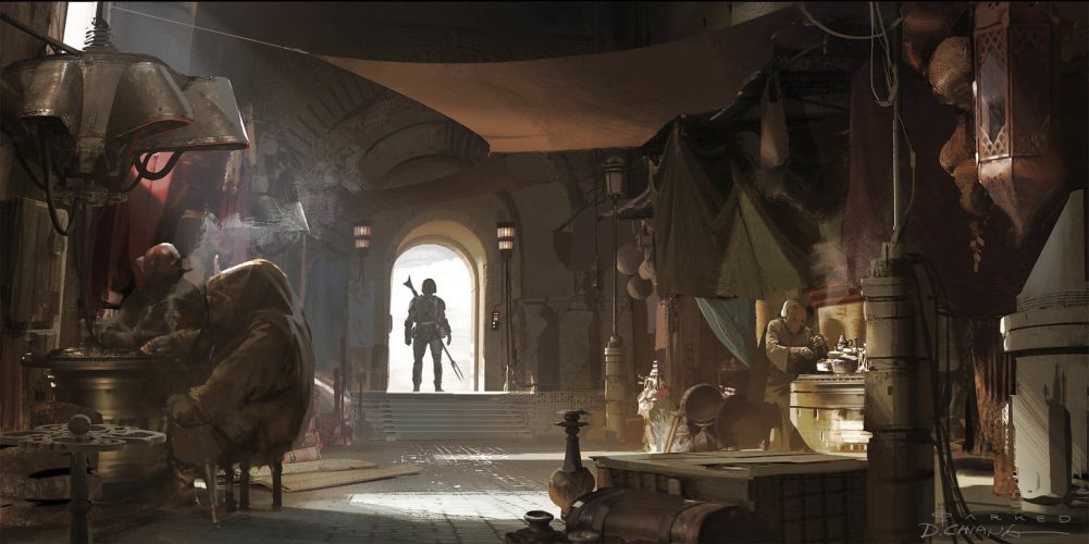 mando concept art disney star wars the mandalorian chapter 1 concept art the mandalorian entering a darkened room