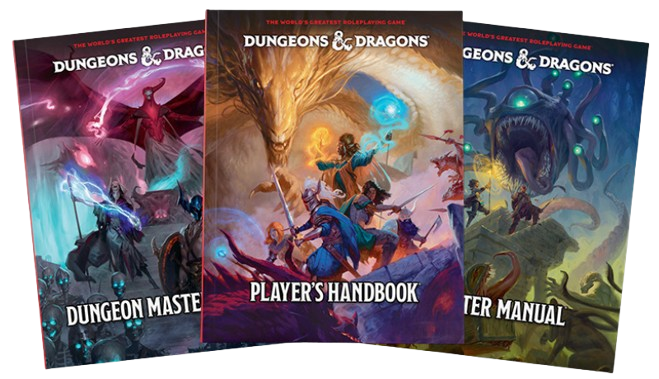 new_d_d_books-removebg-preview The 2024 Player's Handbook, 2024 Dungeon Master's Guide, and 2025 Monster Manual celebrating 50 years of D&D