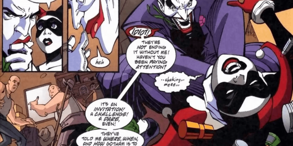 no man’s land harley and joker harley quinn and the joker comic panels, joker choking harley in batman: no man's land (1999)