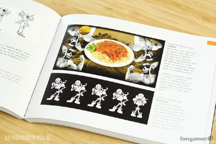 undertale book 3 undertale art book open on desk showing papyrus the skeleton and a plate of spaghetti