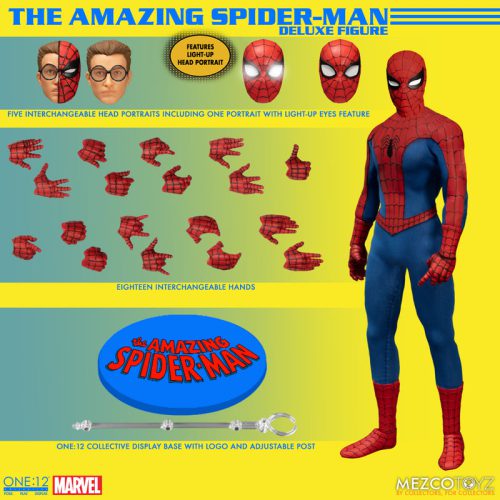spider man mezco x800-13022 mezco one twelve collective spider man highly articulated figure, showing interchangeable product parts